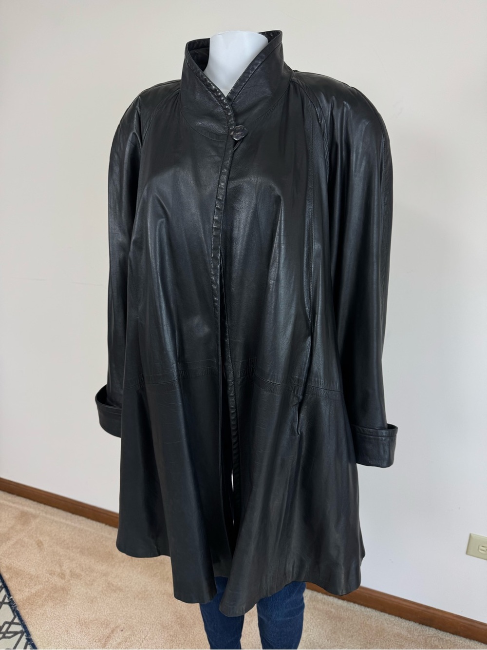 York Furrier Butter Soft Lambskin Leather Coat Black Oversized Y2K A Line Sz S - Picture 9 of 15